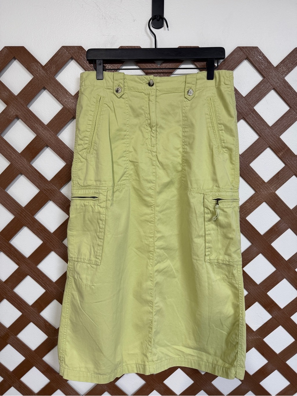 WSK51 {J. Jill} Petite Lime Green Cargo Carpenter Utility Cotton Maxi Skirt